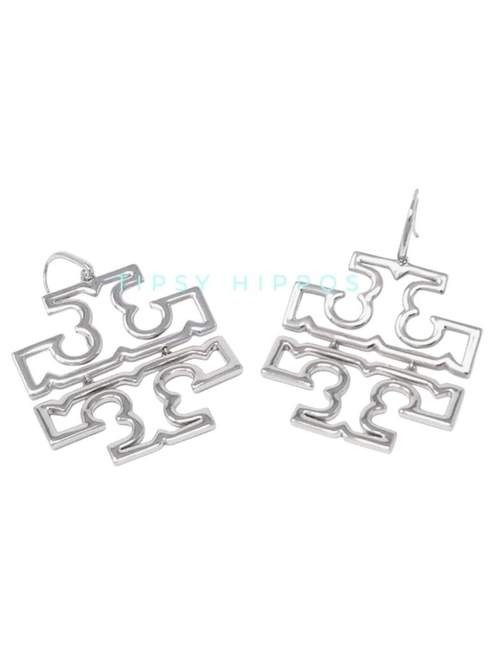 Beautiful Authentic Tory Burch Silver Britten Logo Drop Hoop Earrings
